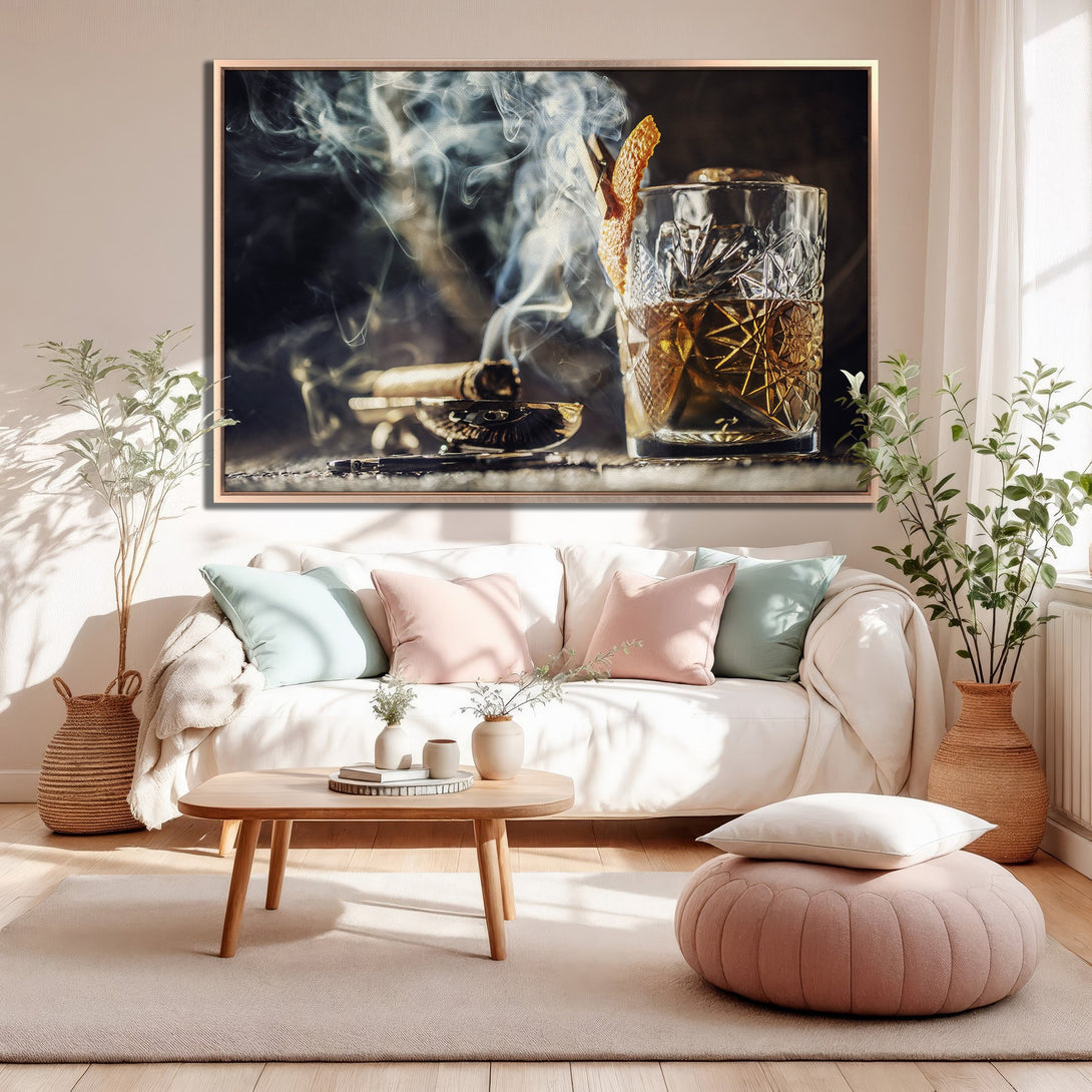 Framed Wall Art: Whiskey cocktail Canvas Print in a warm, inviting interior. Featuring a moody, dark aesthetic with a neutral color palette.