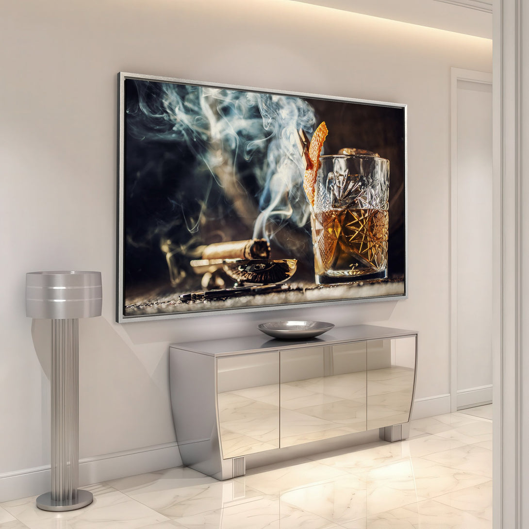 Framed Wall Art featuring a cocktail and cigar, a moody, sophisticated style with warm, dark tones. Perfect for adding a touch of luxury to your space.
