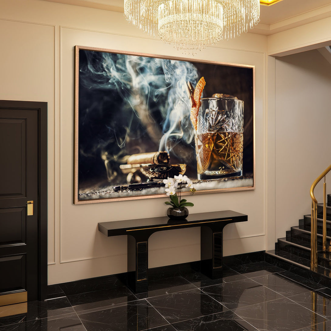 Framed Wall Art: Whiskey & cigar art print in a luxury interior. Dark, moody color palette with gold accents. Perfect for home decor.