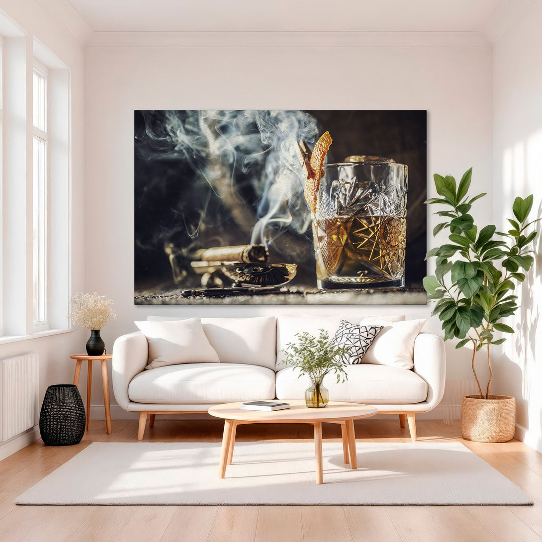 Framed Wall Art featuring a whiskey glass and cigar. Elegant, warm-toned canvas print in a luxurious interior setting. Perfect for home decor.