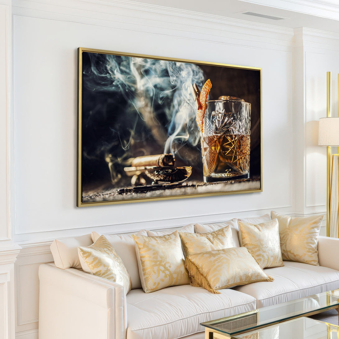 Canvas Print of a whiskey cocktail with cigar, moody and sophisticated, warm tones. Perfect for adding a touch of luxury to your space.