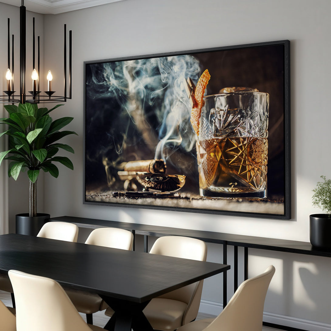 Framed Wall Art: Dramatic image of cocktail and cigar, moody style with warm, earthy tones. Perfect for a sophisticated dining room.