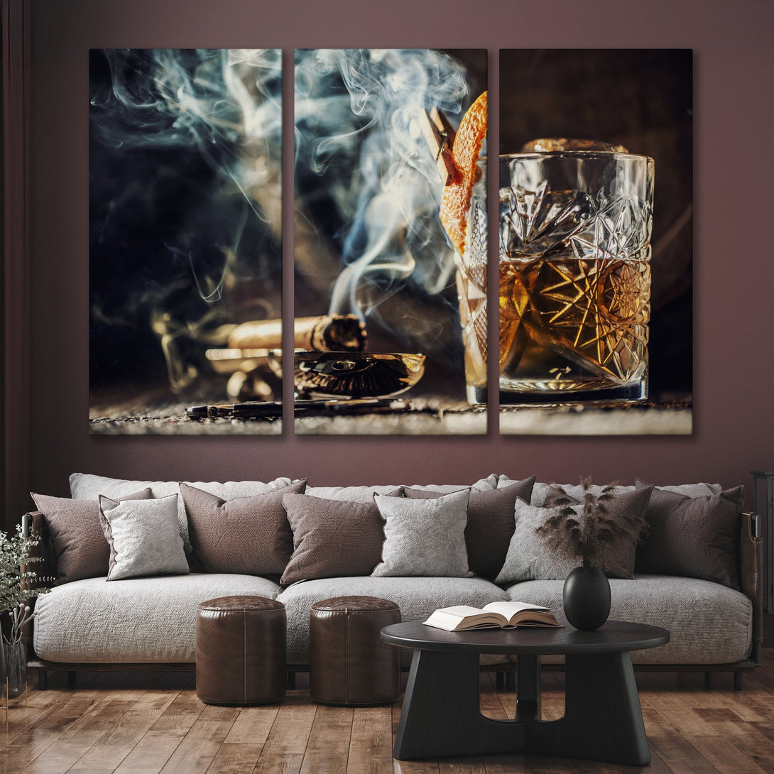 Canvas Print featuring a whiskey cocktail with smoke, warm tones. Perfect wall art for a stylish living room.