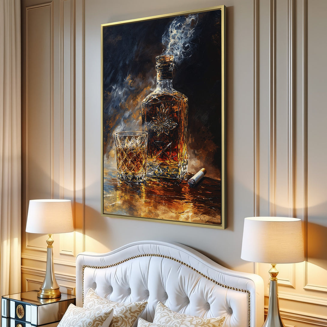 Canvas Print of whiskey bottle and glass art, warm color palette, perfect for a sophisticated living room.