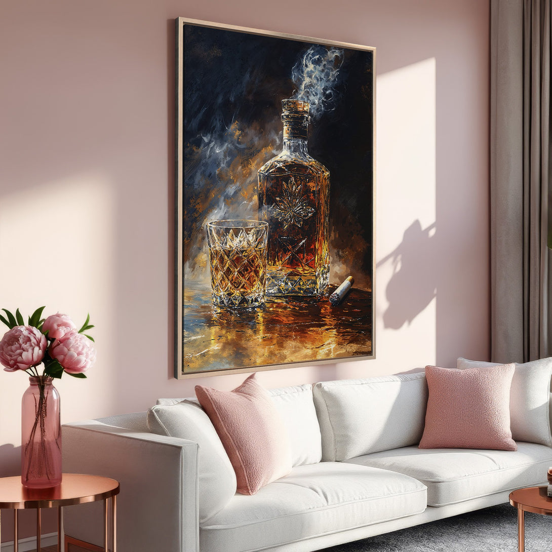Framed Wall Art: Whiskey bottle and glass art print in warm tones. Perfect for living room decor, featuring a cozy, inviting color palette.