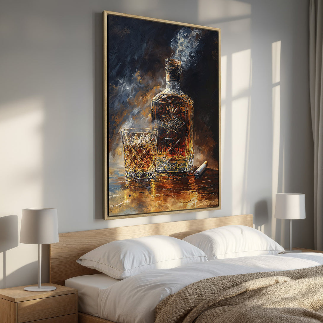 Framed Wall Art: Stylish whiskey still life painting in warm tones. Perfect for adding a touch of sophistication to your bedroom decor. Shop now!