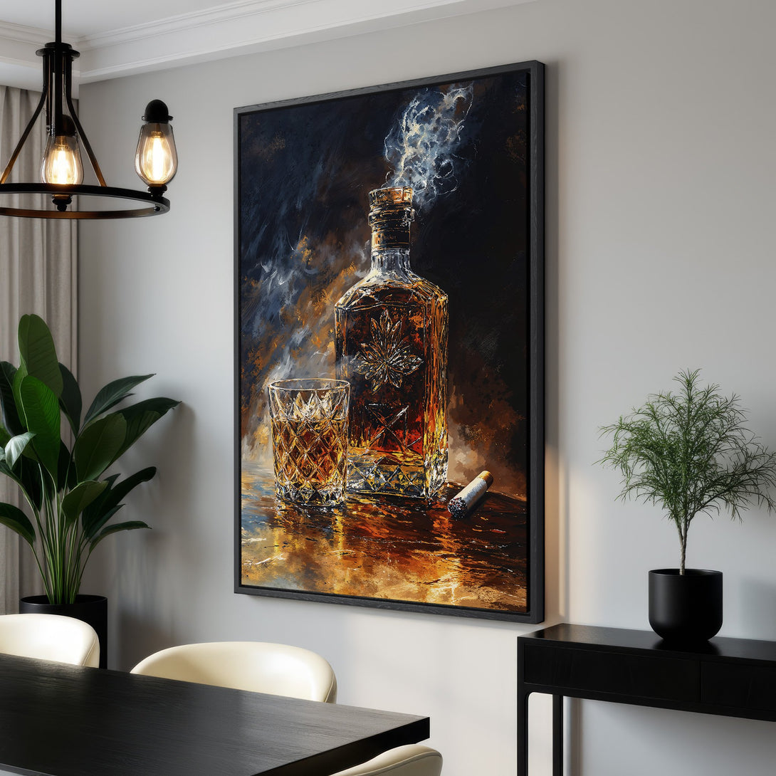 Framed Wall Art: Whiskey bottle and glass painting in warm tones. Perfect for a sophisticated home bar or dining room. Shop now!