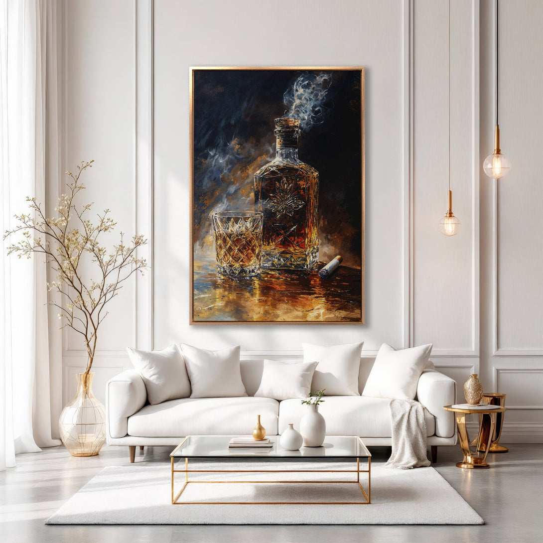 Framed Wall Art: Whiskey bottle still life painting in a modern living room. Warm gold, brown, and black color palette. Perfect for home decor.