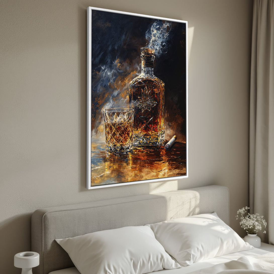 Framed Wall Art: Still life painting of whiskey bottle and glass, featuring a warm, amber color palette. Perfect for adding a touch of sophistication.