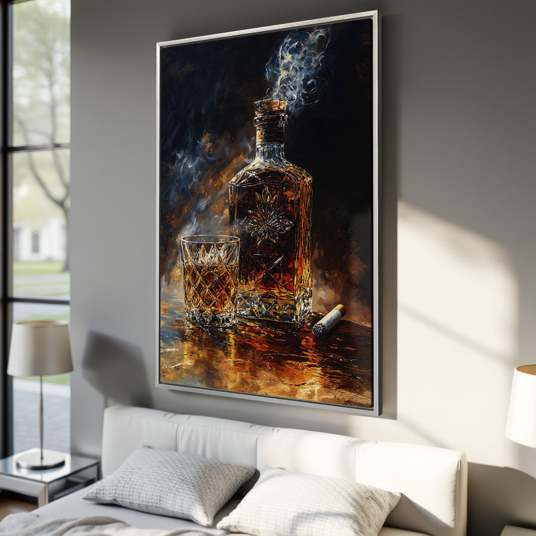 Framed Wall Art featuring a whiskey bottle and glass, with a warm, moody color palette. Perfect for adding a touch of sophistication to your space.