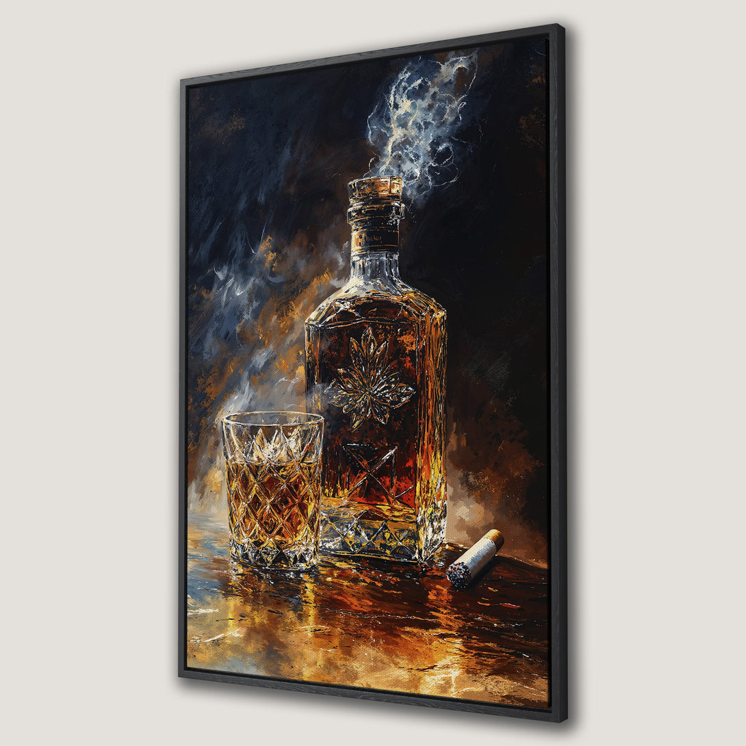 Framed Wall Art: Whiskey bottle and glass painting in warm tones. Dramatic, artistic style with a dark, moody color palette. Perfect for a home bar.