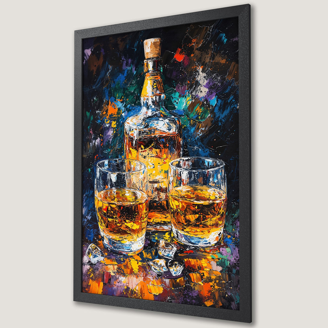 Framed Poster of whiskey bottle and glasses, abstract art style with vibrant orange, blue, and black palette. Perfect bar decor!