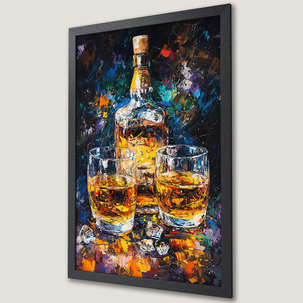 Framed Poster of whiskey bottle and glasses, abstract art style with vibrant orange, blue, and black palette. Perfect bar decor!