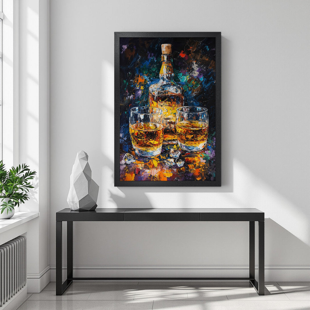 Framed Poster of whiskey still life, impressionist style, with a warm, vibrant color palette. Perfect wall art!