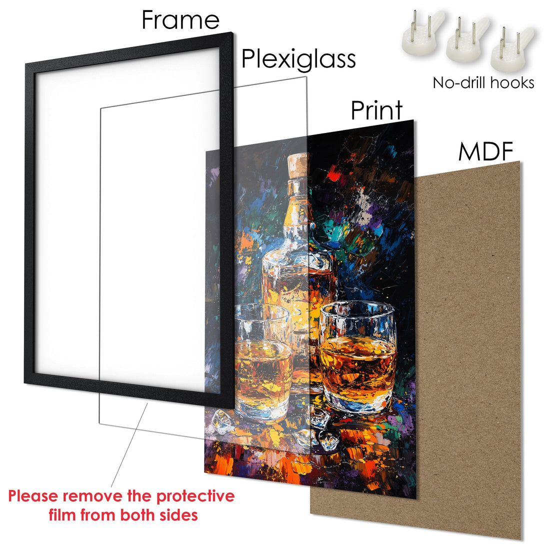 Framed Poster of whiskey still life, vibrant colors & impressionistic style. Perfect wall art for home decor.