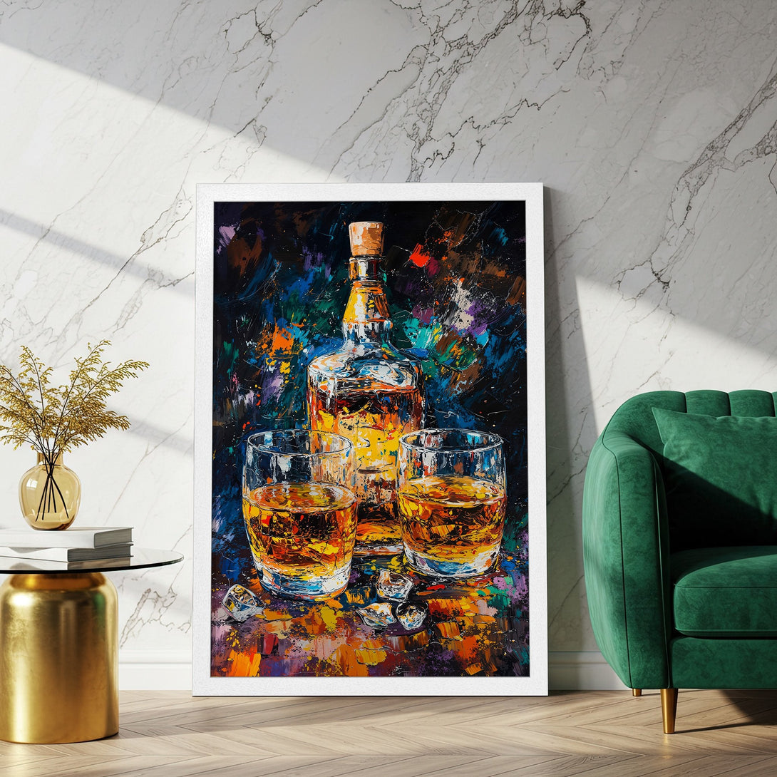 Framed Poster featuring a whiskey still life painting in an expressive style with a vibrant, warm color palette. Perfect wall art!