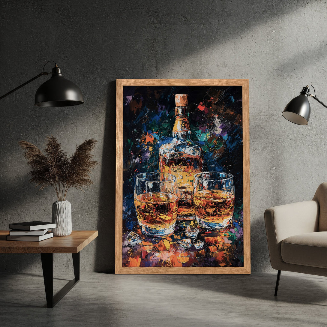 Framed Poster of whiskey still life, abstract art style, vibrant warm color palette. Perfect wall art decor.