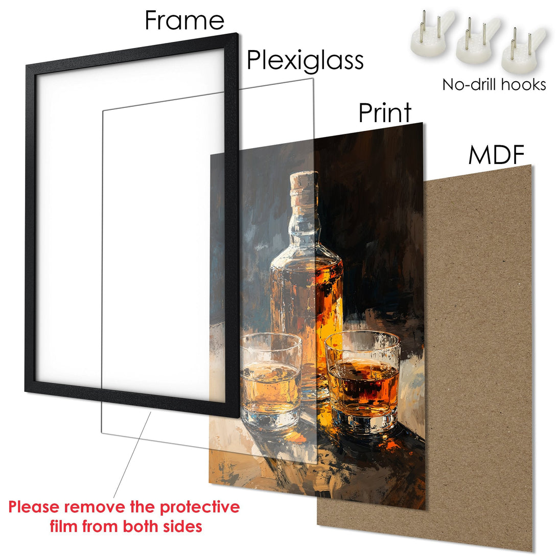 Framed Poster featuring a whiskey bottle and glasses, in an expressive, painterly style with a warm, amber color palette. Perfect wall art.