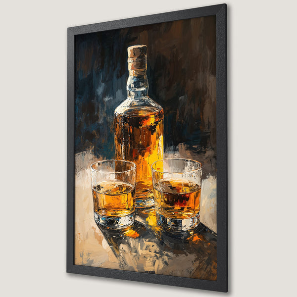 Framed Poster of a whiskey bottle and glasses, oil painting style, warm amber and dark blue color palette.