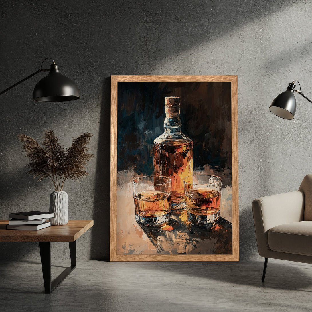 Framed Poster of whiskey still life in warm tones. Perfect wall art for a sophisticated home bar or living room.