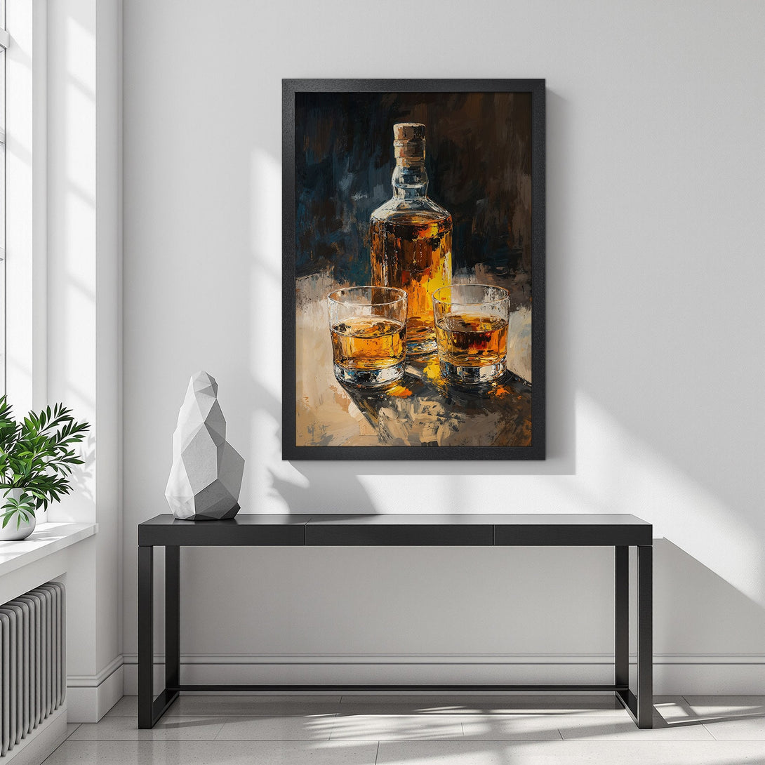 Framed Poster of whiskey bottle and glasses, impressionist style, warm amber and brown tones. Perfect for your home bar!