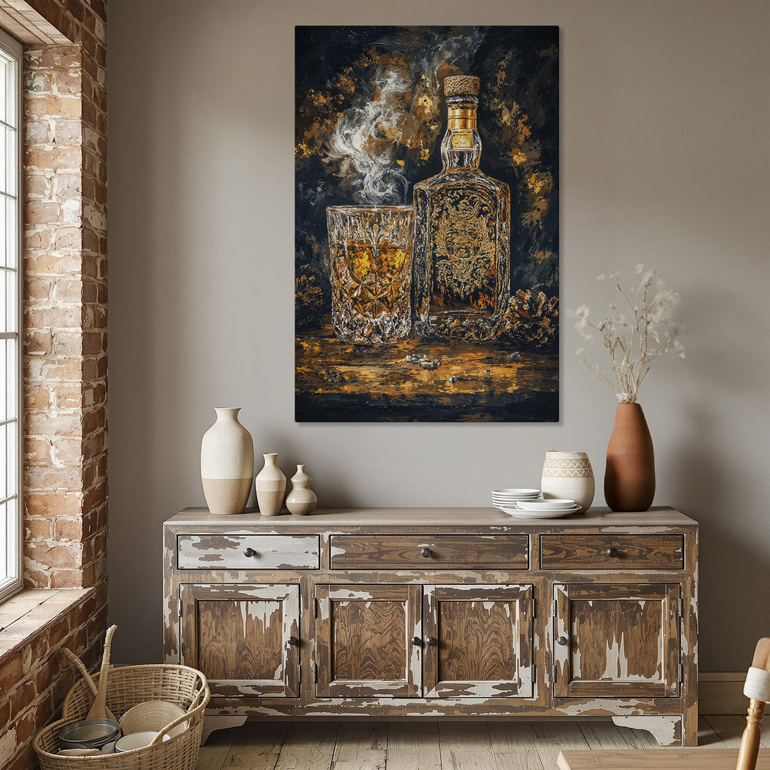 Framed Wall Art: Whiskey still life in dark, moody style. Gold, black, and amber color palette. Perfect for a sophisticated dining room.