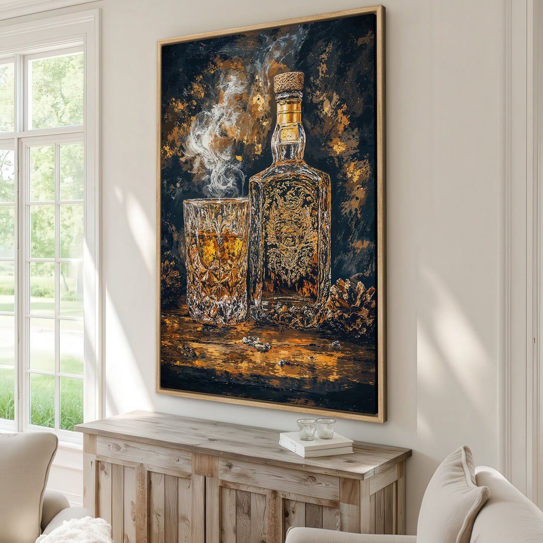 Framed Wall Art featuring a whiskey bottle and glass in a dramatic, abstract style. Dark, moody color palette with gold and amber tones. Perfect for home decor.