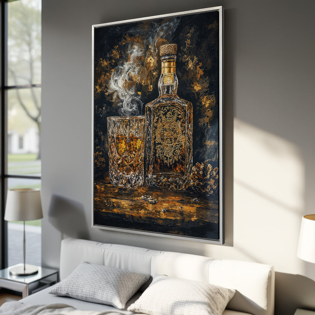 Framed Wall Art: Whiskey still life painting in gold and black. Stylish canvas print for home decor. Enhance your living space with this artwork.
