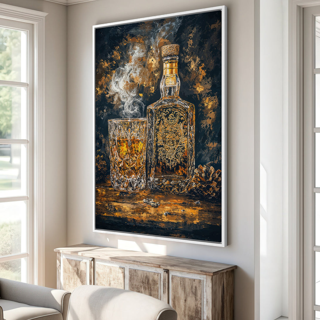 Framed Wall Art featuring a whiskey bottle and glass in an abstract style with a dark, gold, and brown color palette. Perfect for home decor.