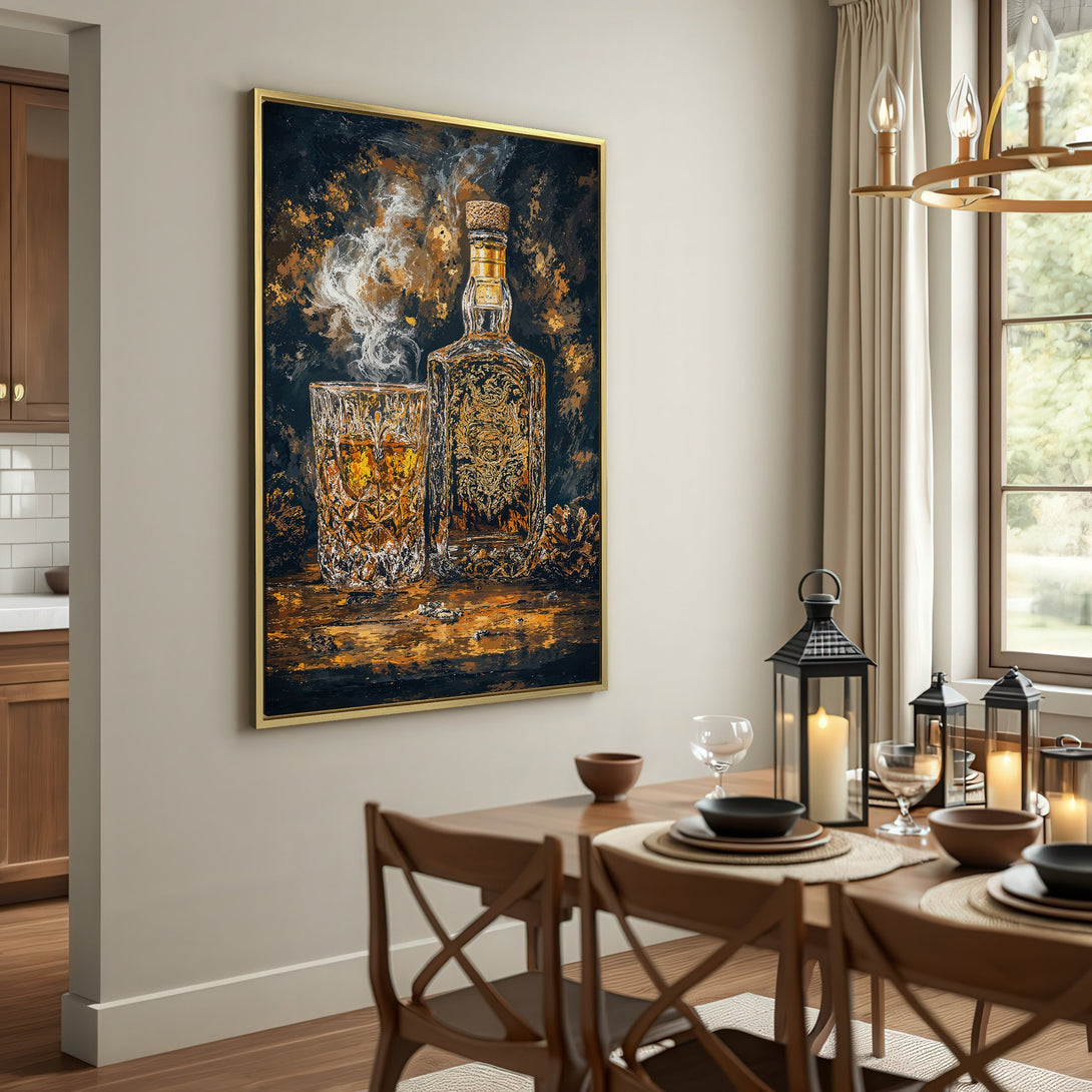 Canvas Print of whiskey bottle and glass in a moody, abstract style with gold and black tones, perfect for a sophisticated interior.
