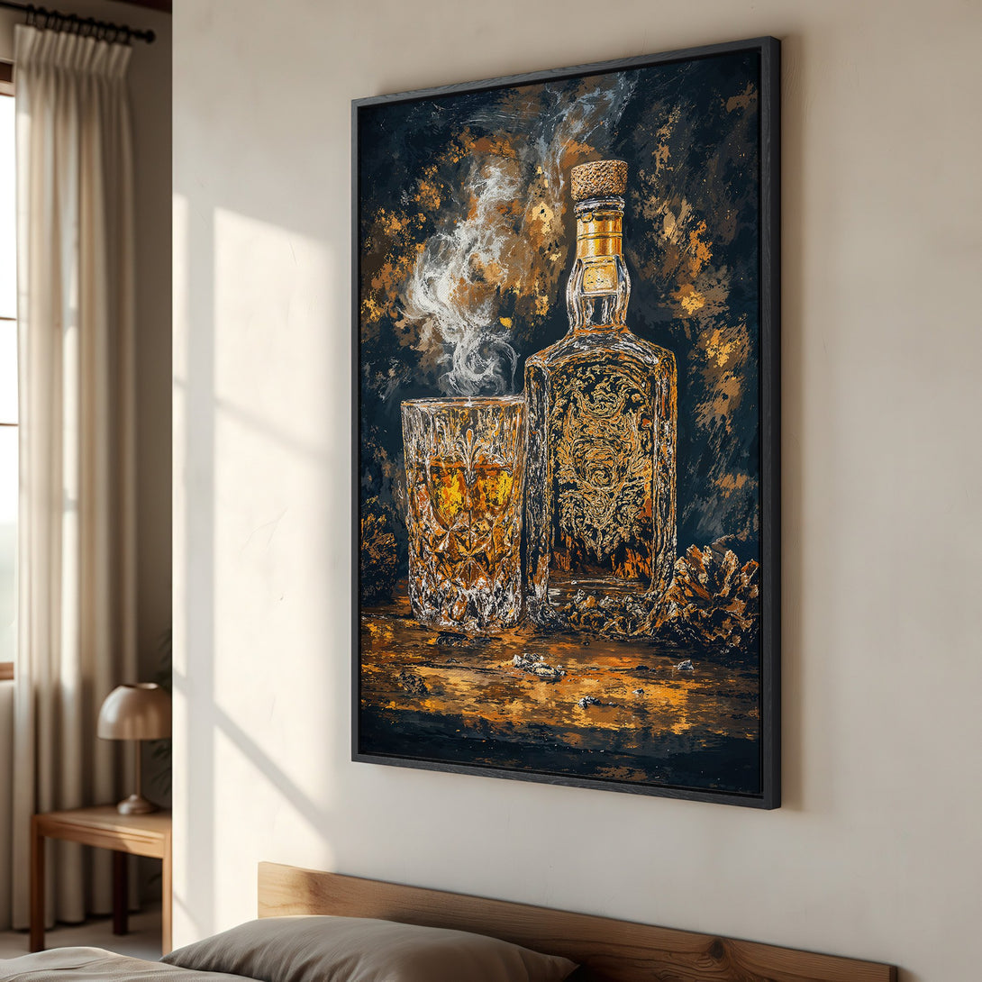 Framed Wall Art: Whiskey bottle and glass painting in a dark, moody style with gold and black color palette. Perfect for home bar decor.