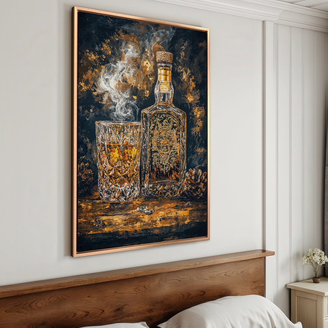 Framed Wall Art featuring a whiskey bottle and glass in a dramatic, textured style. Warm gold and black color palette, perfect for adding a touch of luxury.