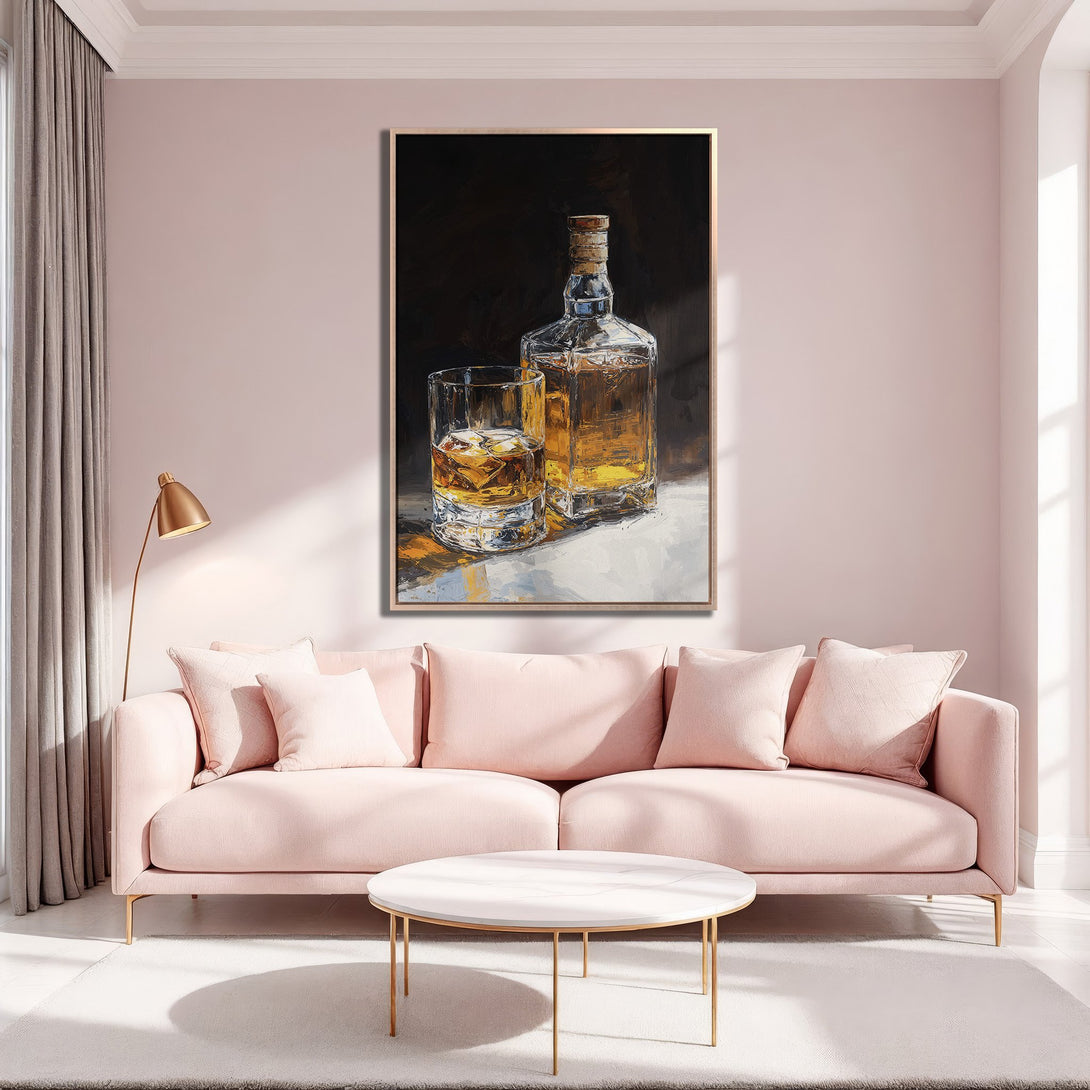 Framed Wall Art: Whiskey still life painting in warm gold and brown tones. Adds a touch of elegance to any space. Perfect for living rooms.