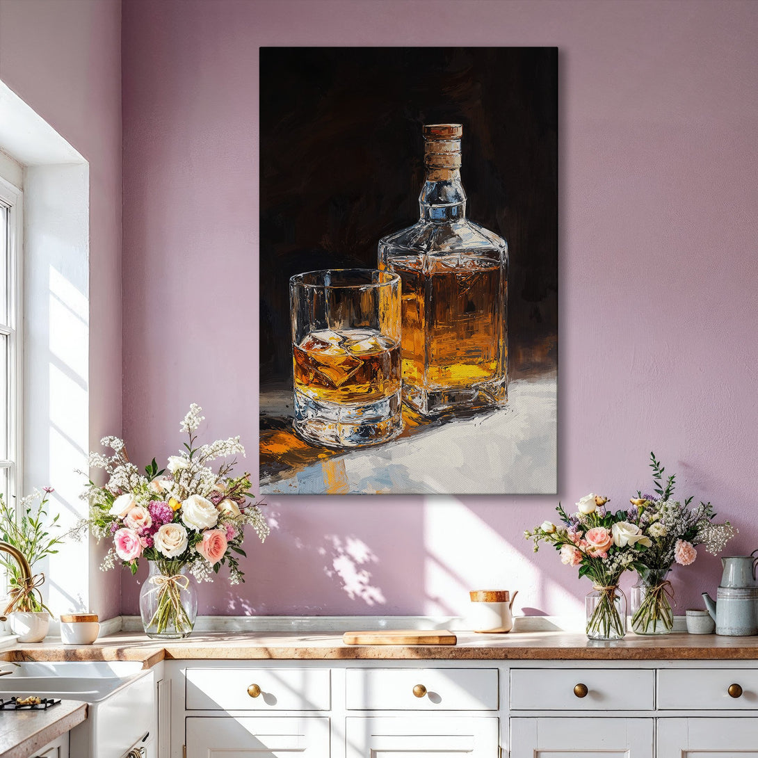 Framed Wall Art of whiskey bottle and glass in warm tones. Perfect for adding a touch of sophistication to any space. Shop our art collection today!