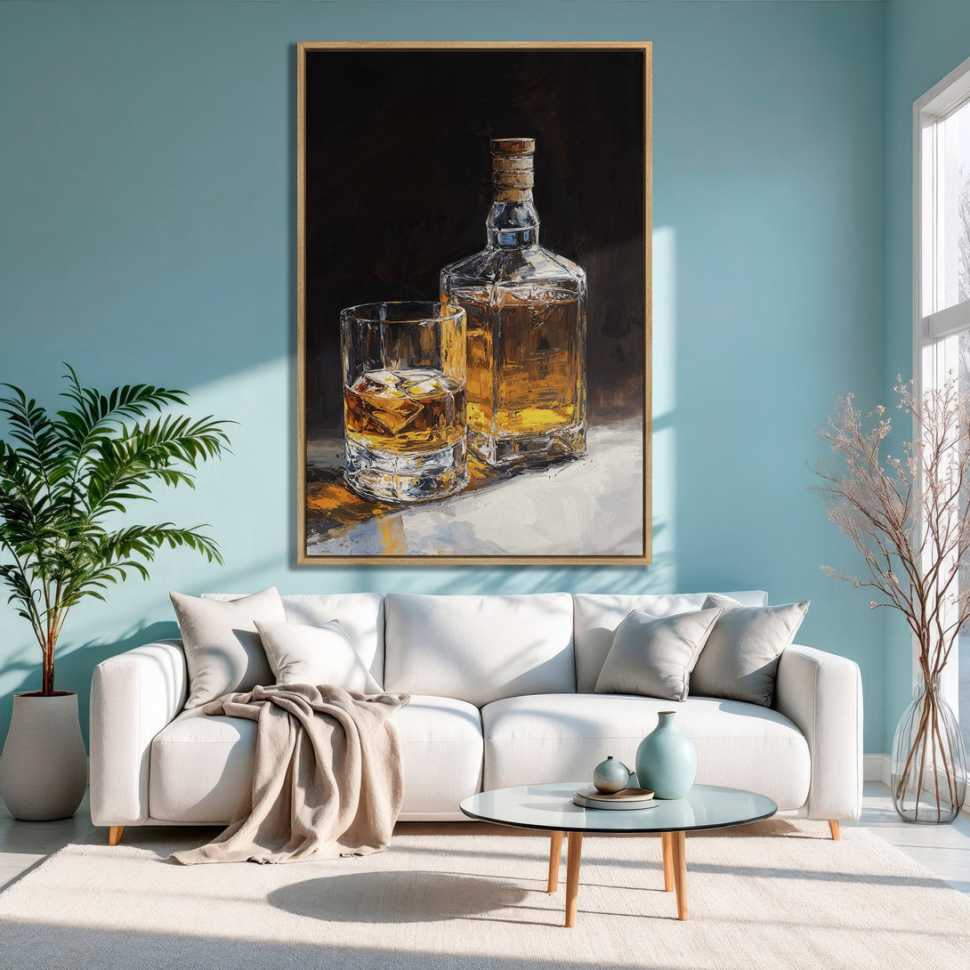 Framed Wall Art: Whiskey bottle and glass painting in warm tones. Perfect for a cozy living room. Adds a touch of sophistication.