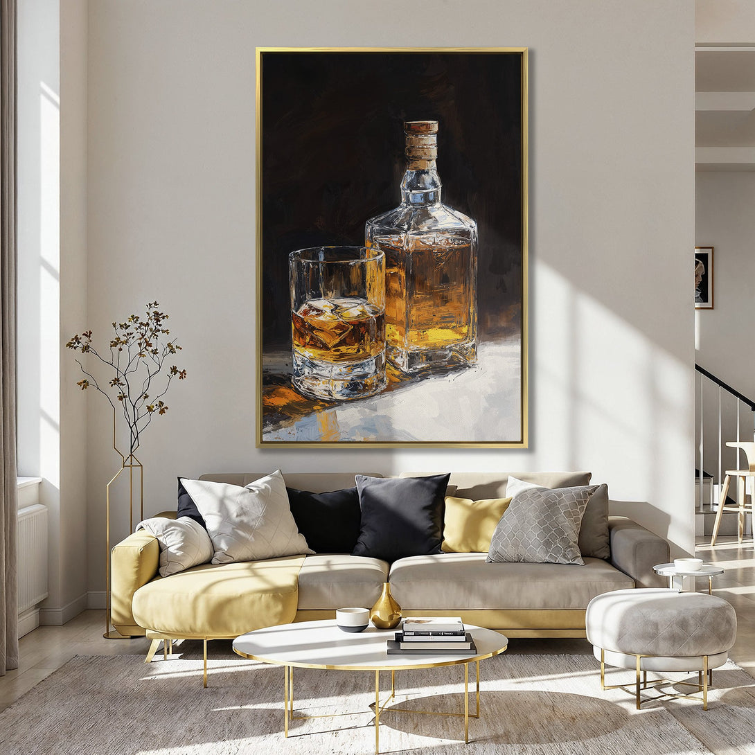 Canvas Print of whiskey bottle and glass in a kitchen, oil painting style, warm amber and brown tones.