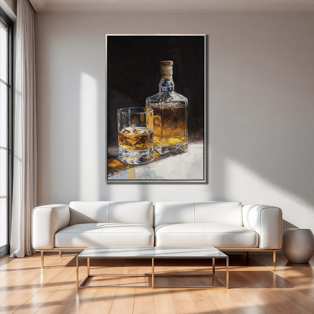 Framed Wall Art: Whiskey still life painting in warm amber tones. Elegant home decor featuring a modern interior with a white sofa.