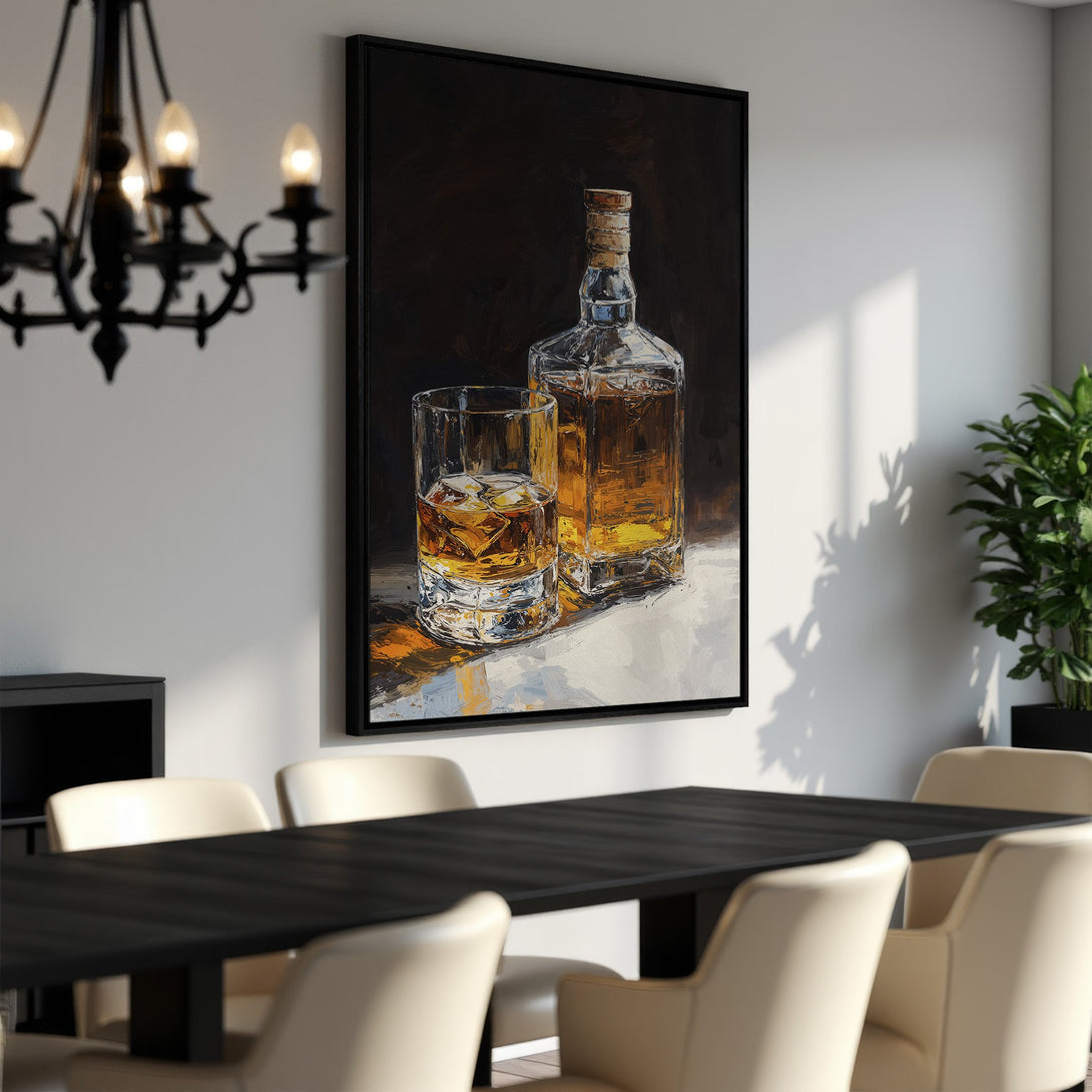 Framed Wall Art featuring a whiskey bottle and glass, oil painting style, warm amber and black color palette, perfect for dining room decor.