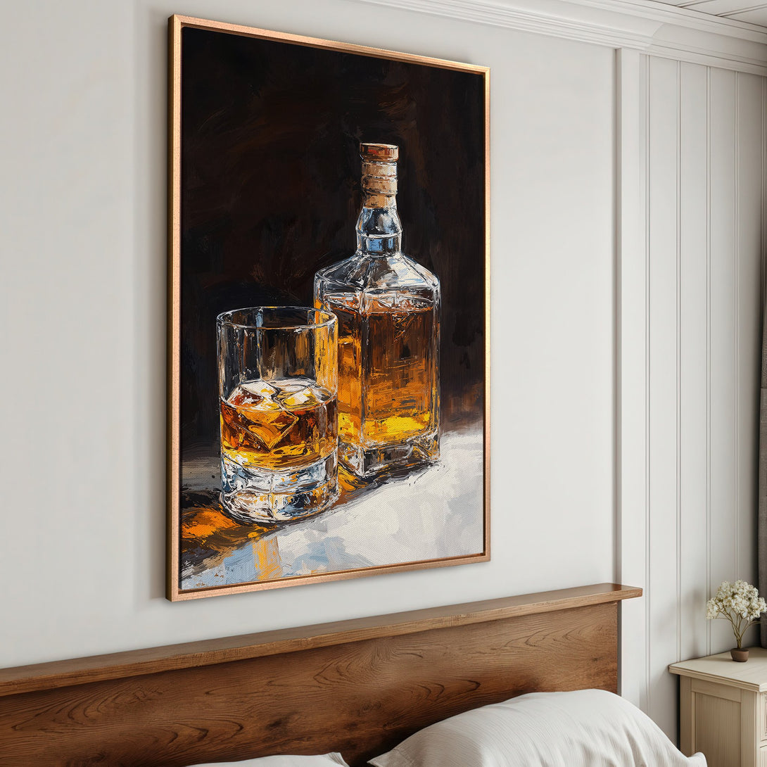 Framed Wall Art: Whiskey still life painting in warm amber and brown tones. Perfect for home decor. Add a touch of sophistication to your space.