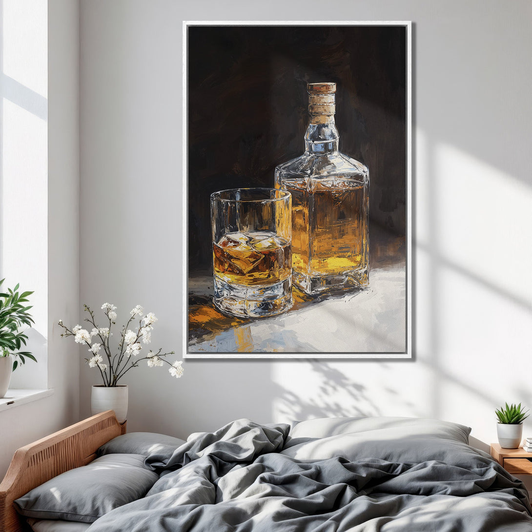 Framed Wall Art: Whiskey still life painting in warm amber tones. Modern art print for home decor. Adds a touch of sophistication to any room.