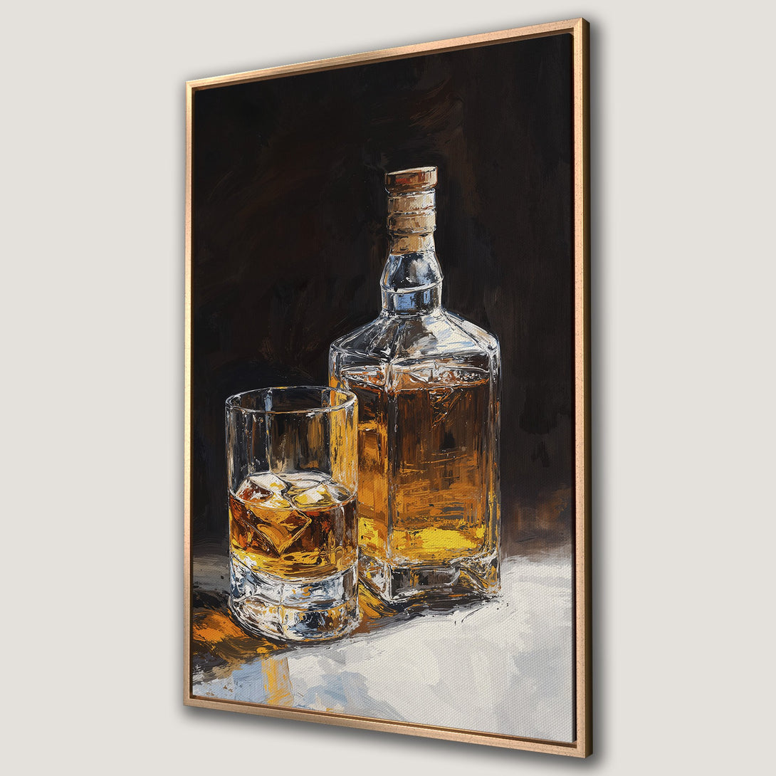 Framed Wall Art: Whiskey bottle and glass painting in warm, amber tones. Stylish artwork for home decor, perfect for a bar or living room.