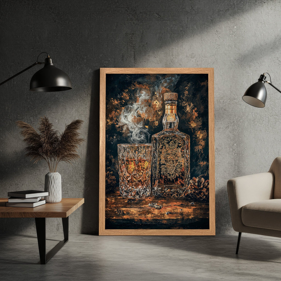 Framed Poster featuring a whiskey bottle and glass, artistic style, rich brown and gold tones. Perfect wall art for your home!