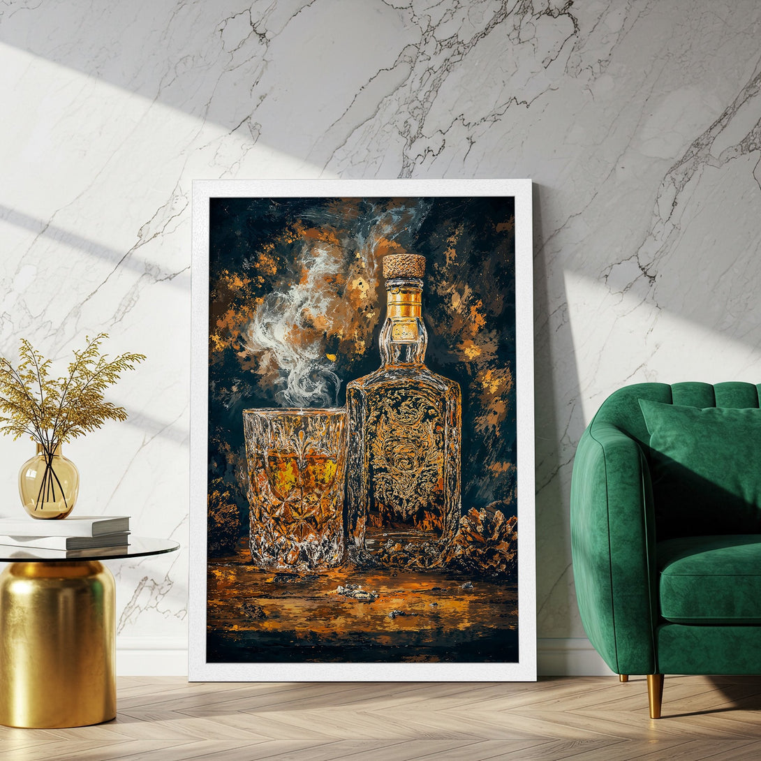 Framed Poster featuring a whiskey bottle and glass, artistic style with a warm gold and black color palette. Perfect wall art.