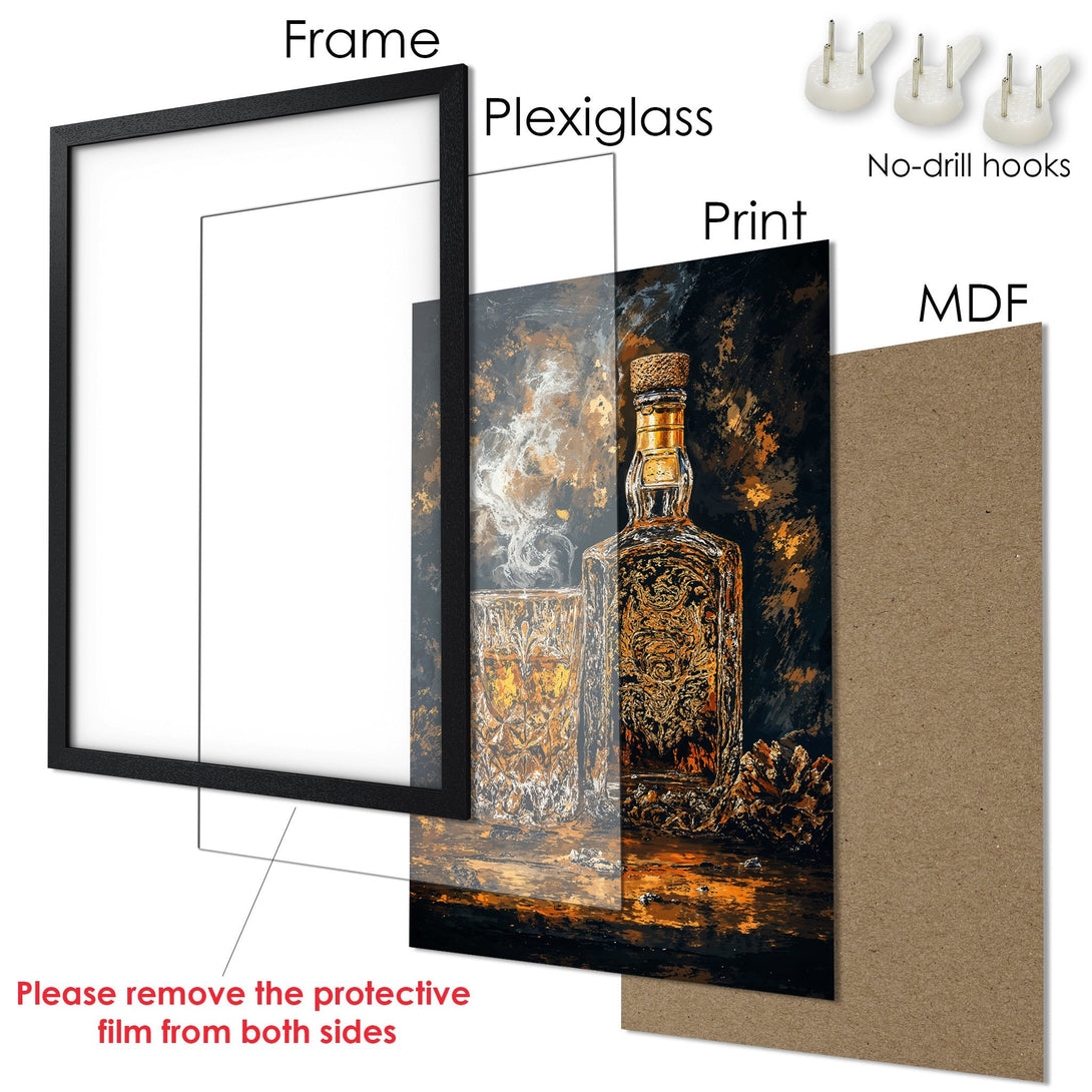 Framed Poster featuring a whisky bottle art print in a black frame. Warm, dark color palette with gold and brown tones.