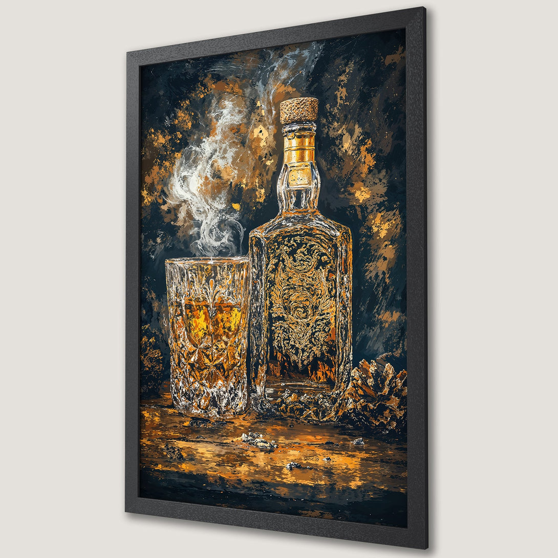 Framed Poster: Whiskey bottle & glass art print in abstract style, with gold & dark blue color palette. Perfect wall decor.