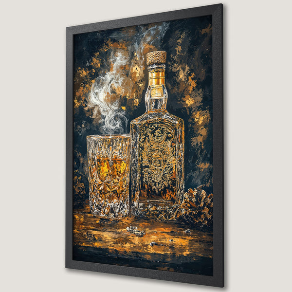 Framed Poster: Whiskey bottle & glass art print in abstract style, with gold & dark blue color palette. Perfect wall decor.