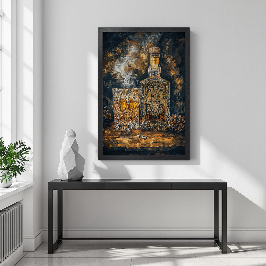 Framed Poster featuring a whiskey still life painting in a dark, moody style with gold and black tones. Perfect wall art for any home.