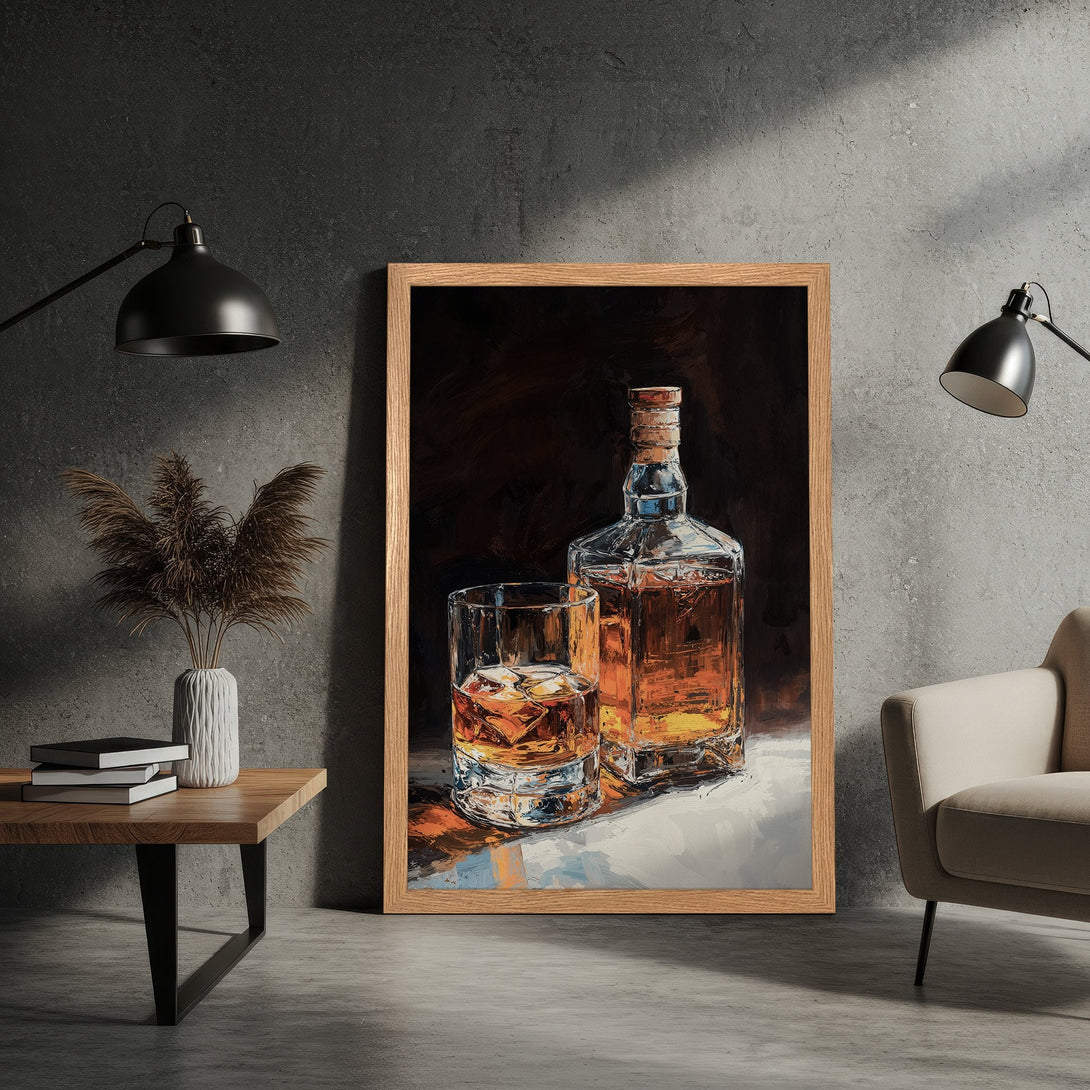 Framed Poster of whiskey still life in a painterly style with warm amber and brown tones, perfect for home decor.