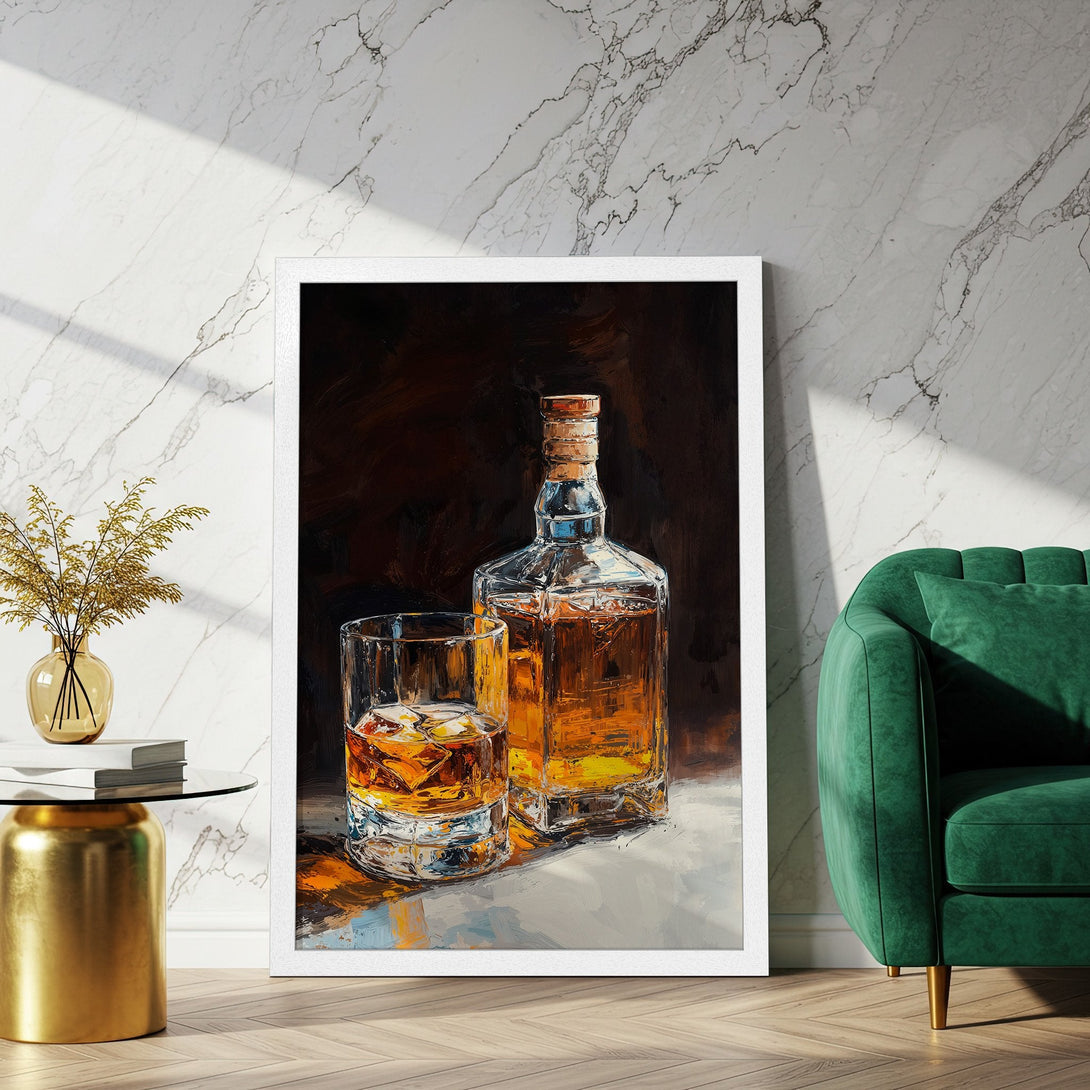 Framed Poster featuring a whiskey bottle and glass. Oil painting style with warm amber and brown tones, perfect wall art.