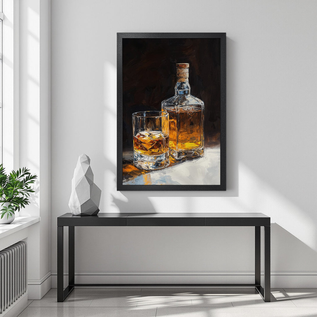 Framed Poster featuring a whiskey still life painting in a warm, inviting color palette. Perfect wall art for your home!